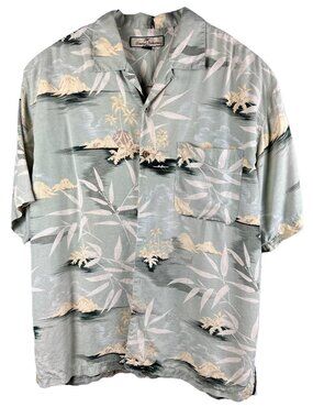 Tommy Bahama 100% Silk Green Tropical Mens Button-Up Short Sleeve Shirt Size L